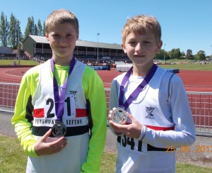 Owen Southern and Kai Finch first and second in the Merseyside Under13s high jump clearing 1.35m