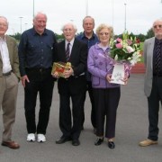 Club President Les Williams and his wife Brenda receive a presentation on behalf of the club for his long service. Left to Right, Leo Carroll Chairman of Merseyside County AA, Charles Gains Les Williams, Wally Bridson, Brenda Williams, Derek Pellatt.