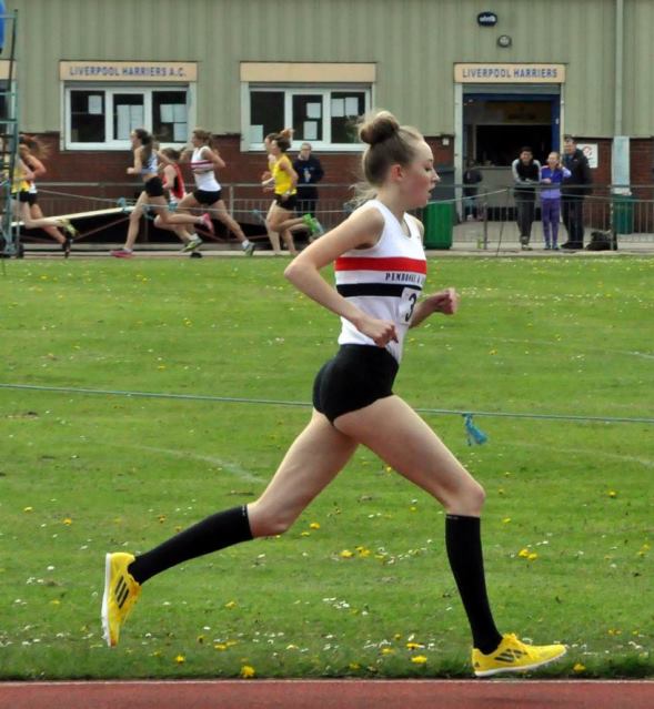 Rosie Johnson on her way to victory in the 1500m at Wavertree on 3rd May