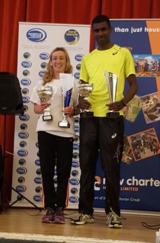 Kirsty Longley first in the Tour of Tameside with men`s winner Mohammad Abu Rezeq (Altrincham)