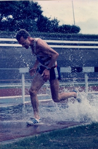 Kyle Nicholl coach Mark Bleasdale tackling the water jump at Kirkby in the 1980s