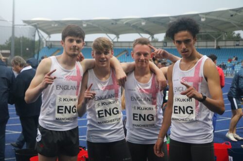 Mark Roberts in the England under 20s 4x400 team